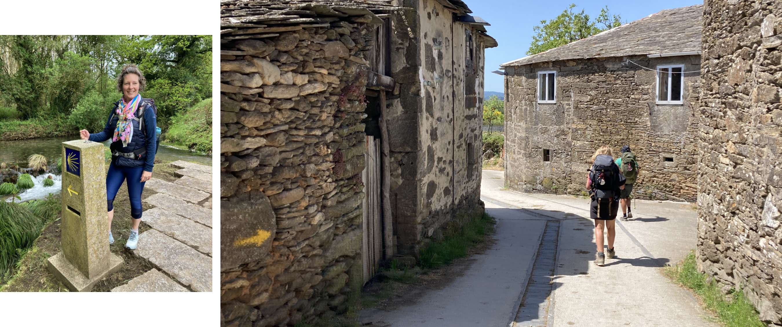 Deux images : randonneuse près d’une borne de pèlerin et marcheurs dans un village en pierre.