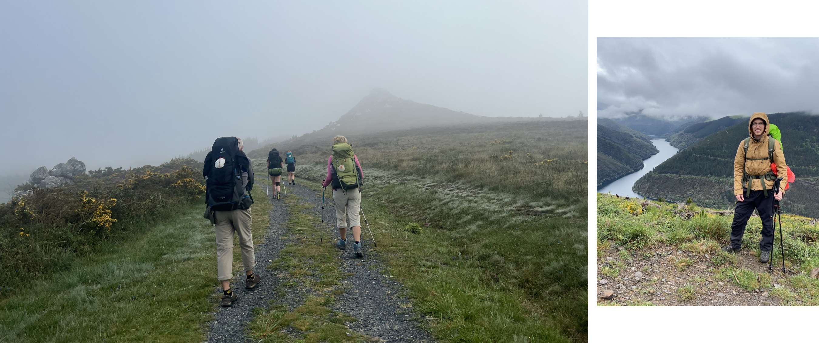 Deux images : randonneurs avec sacs dans la brume et randonneur à un point de vue.