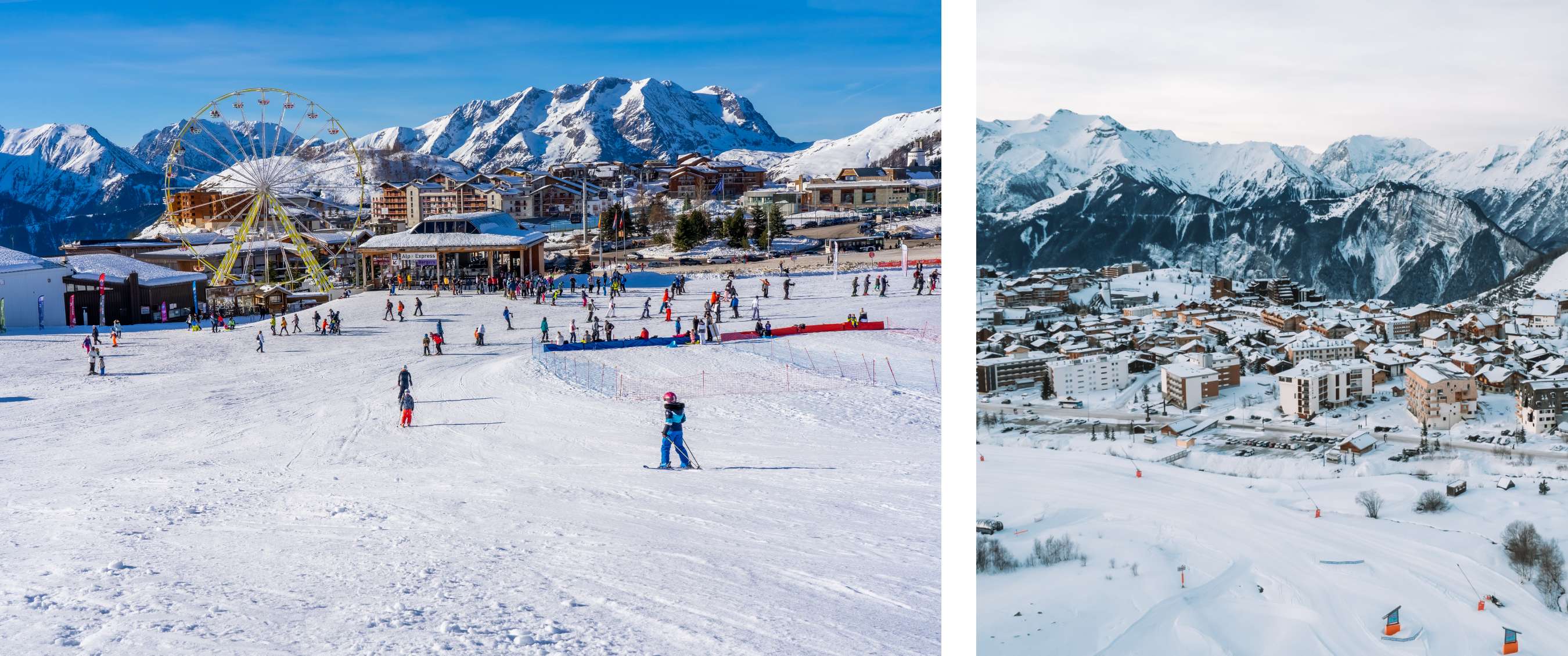 Deux images : Parc de ski animé avec skieurs et grande roue – Village enneigé entouré de hauts sommets.