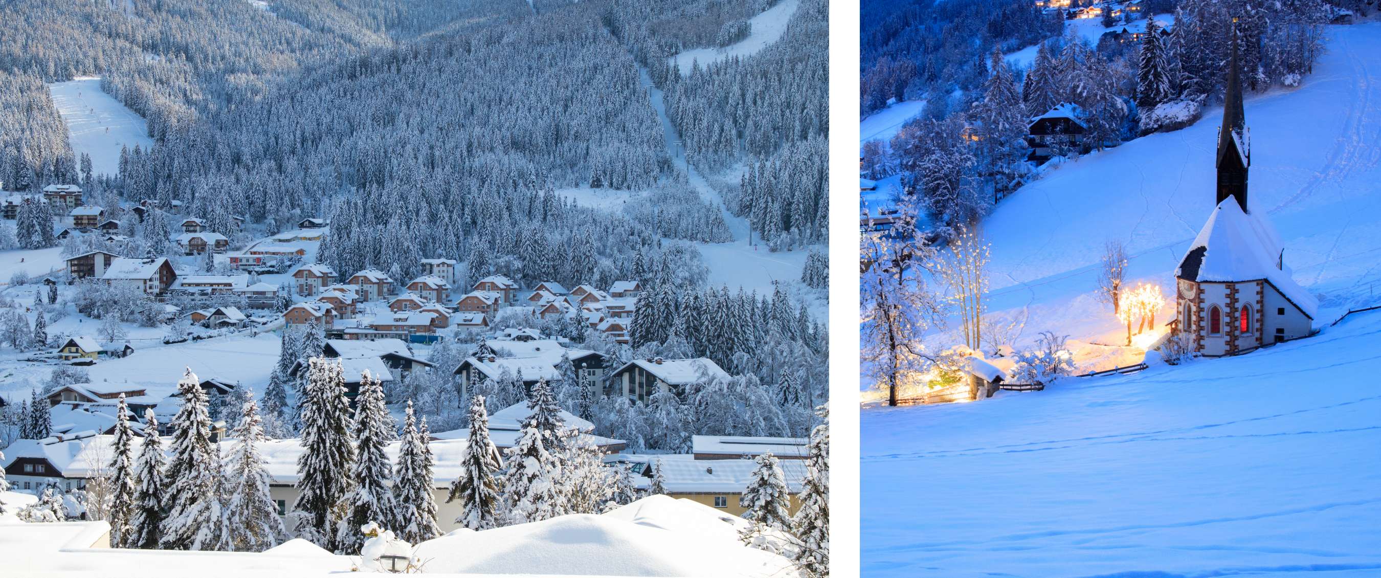 Deux images : Village enneigé au pied d’une forêt – Chapelle éclairée sur colline enneigée.