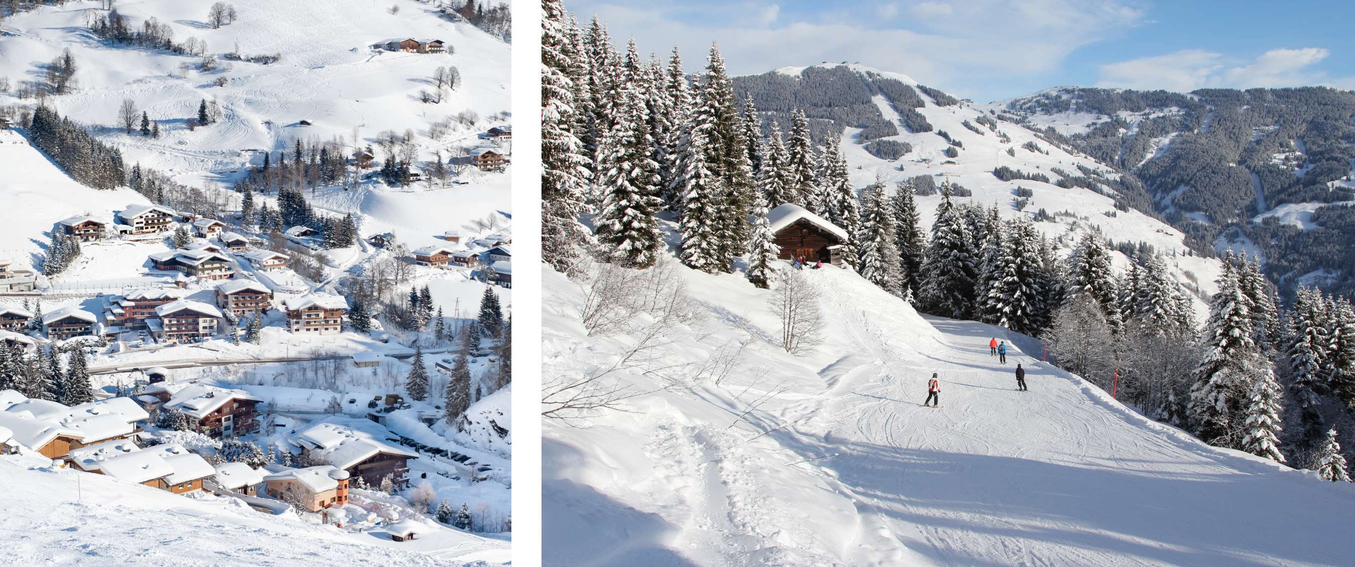 Deux images : Village alpin enneigé – Skieurs sur piste bordée de sapins.