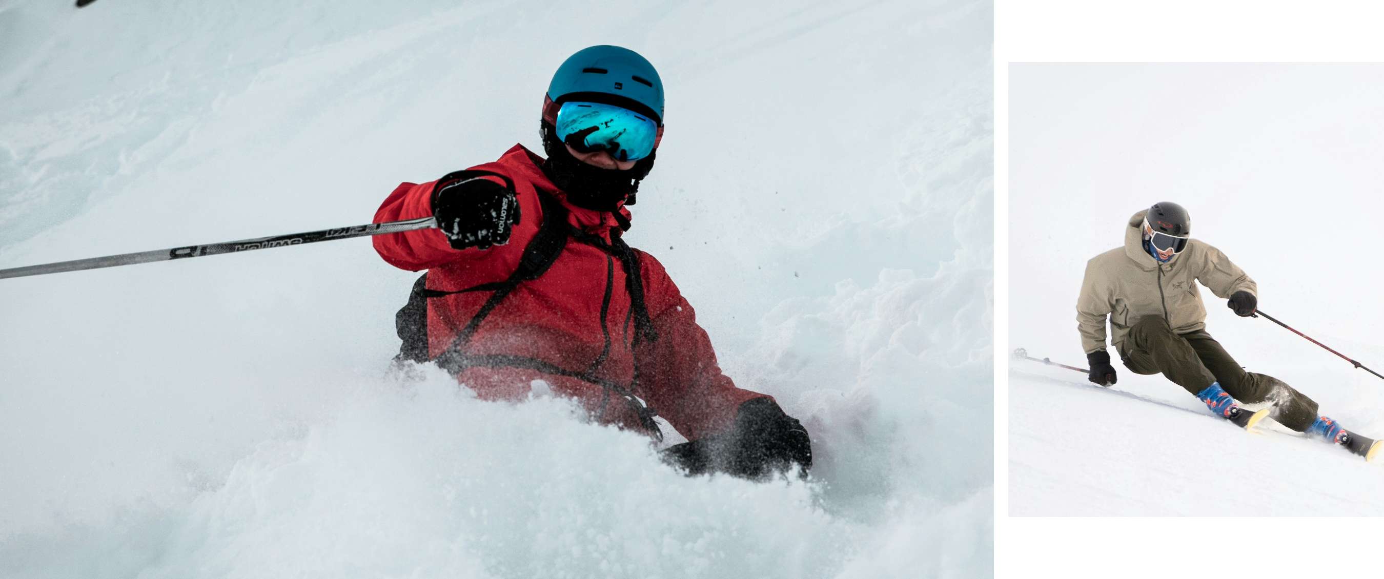 Une personne à skis, masque miroir et gants noirs, tient un bâton au milieu des projections de neige.