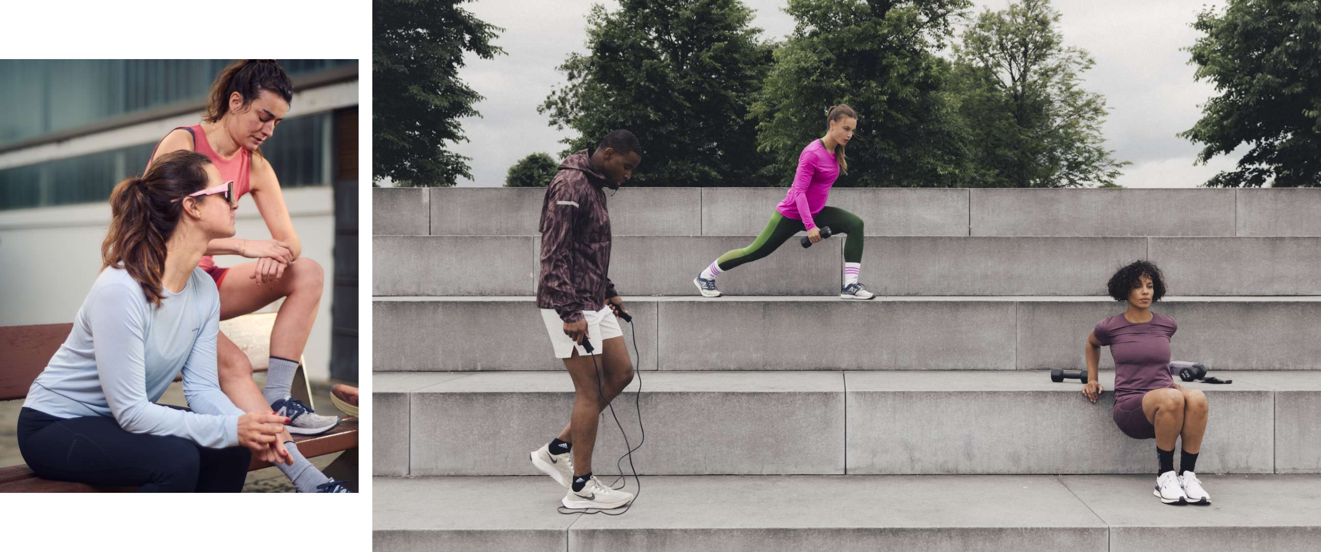 Deux images : coureuses sur des marches et sportifs faisant des exercices dehors.