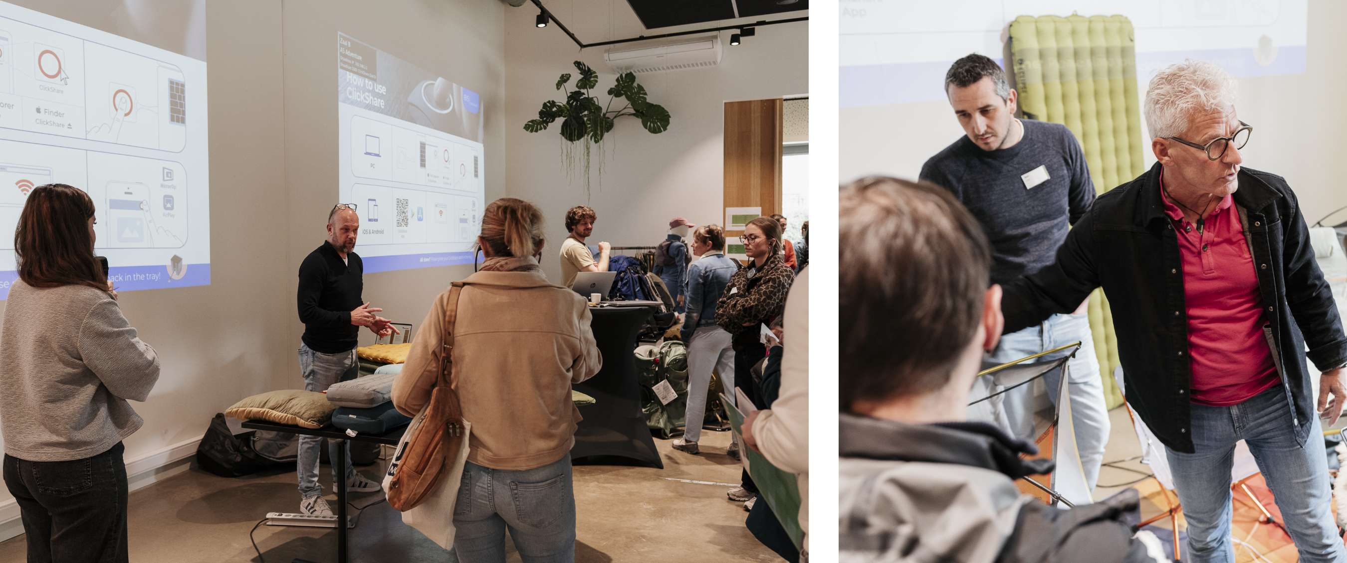 Deux images : public assistant à une présentation avec projection murale ; démonstration d’équipement devant un groupe.