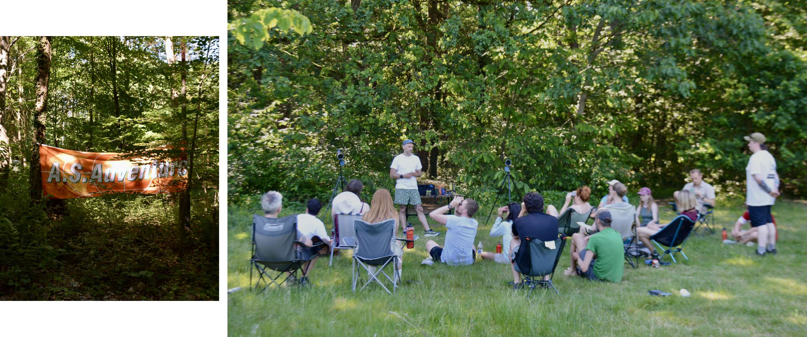 Deux images : bannière A.S.Adventure en forêt et groupe écoutant un intervenant entre les arbres.